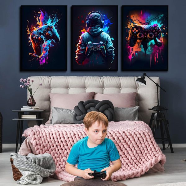 🎮 Level Up Walls™ – 3pcs Retro Gaming Wall Art Set | Cool Sticky Photo Tiles for Gamers' Rooms & Setups
